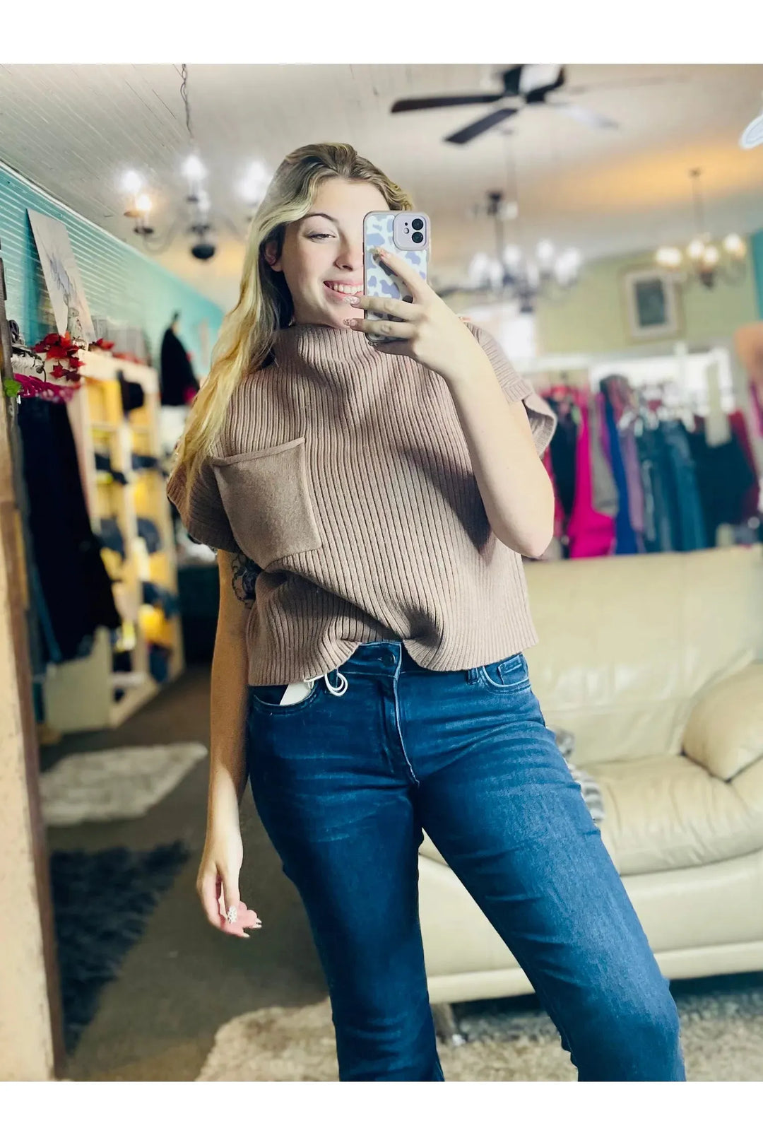 Tan Short Sleeve Sweater Top - Vintage Dragonfly Boutique