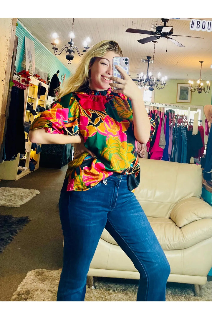 Floral Mock Neck Top - Vintage Dragonfly Boutique