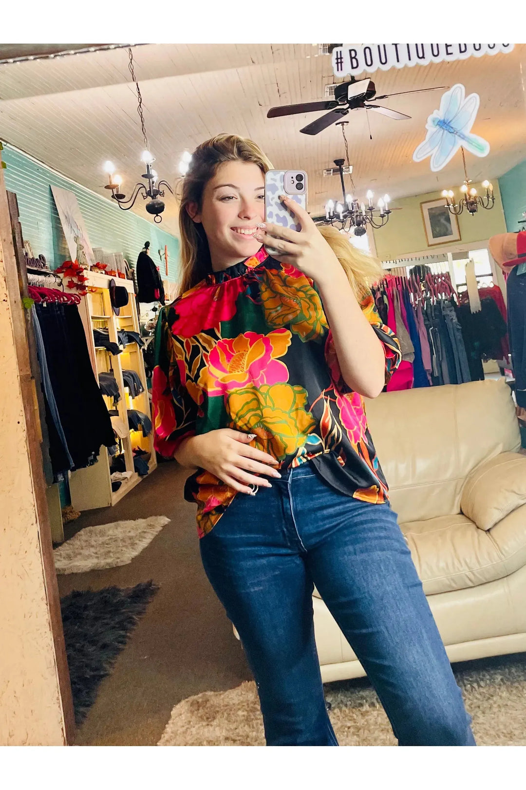 Floral Mock Neck Top - Vintage Dragonfly Boutique