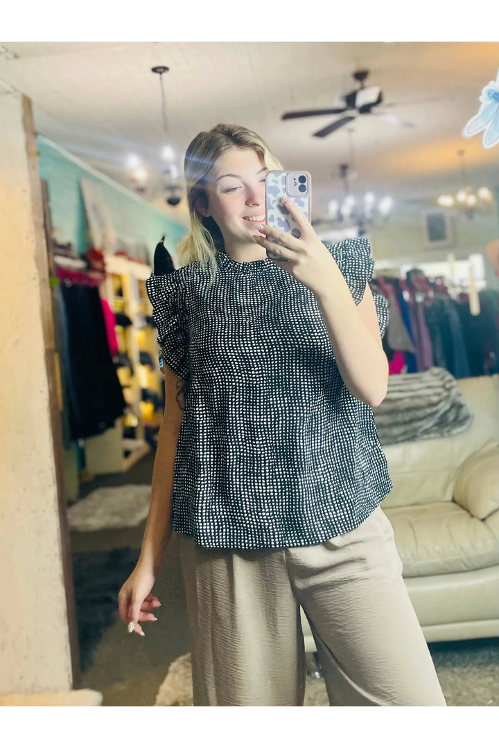 Jodifl Frill Mock Neckline Smocked Ruffle Cap Sleeve Dot Print Top - Vintage Dragonfly Boutique