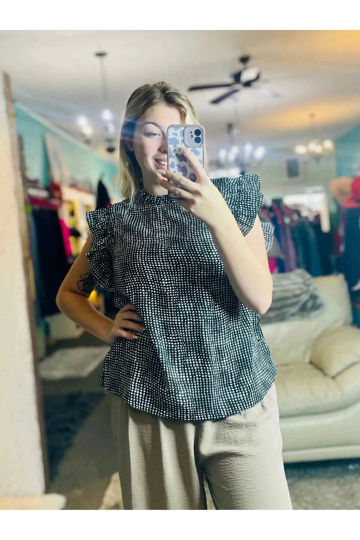 Jodifl Frill Mock Neckline Smocked Ruffle Cap Sleeve Dot Print Top - Vintage Dragonfly Boutique