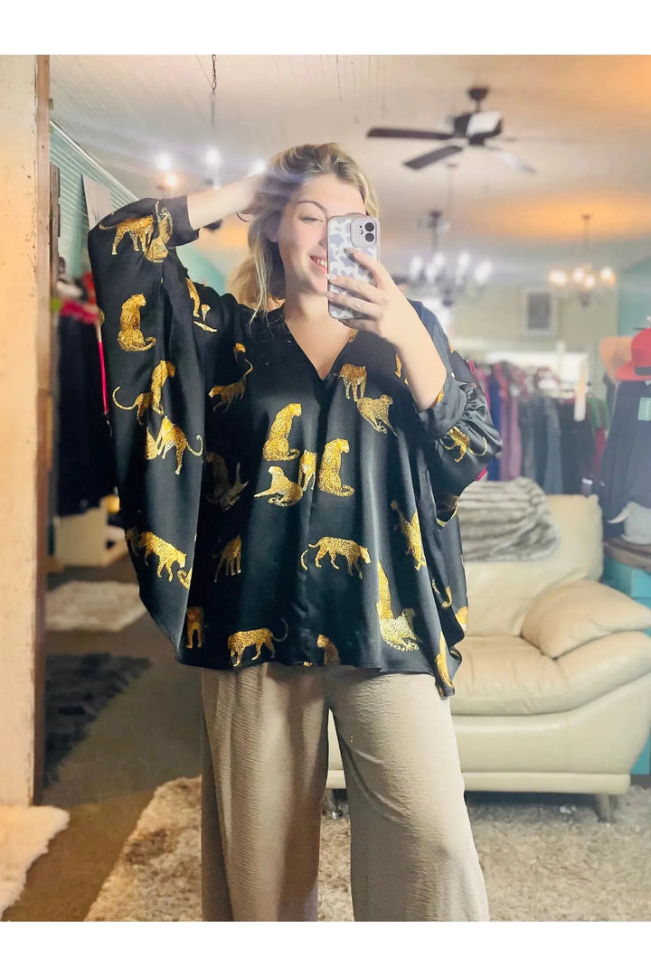 Satin Animal Print Dolman Sleeve Boxy Top - Vintage Dragonfly Boutique