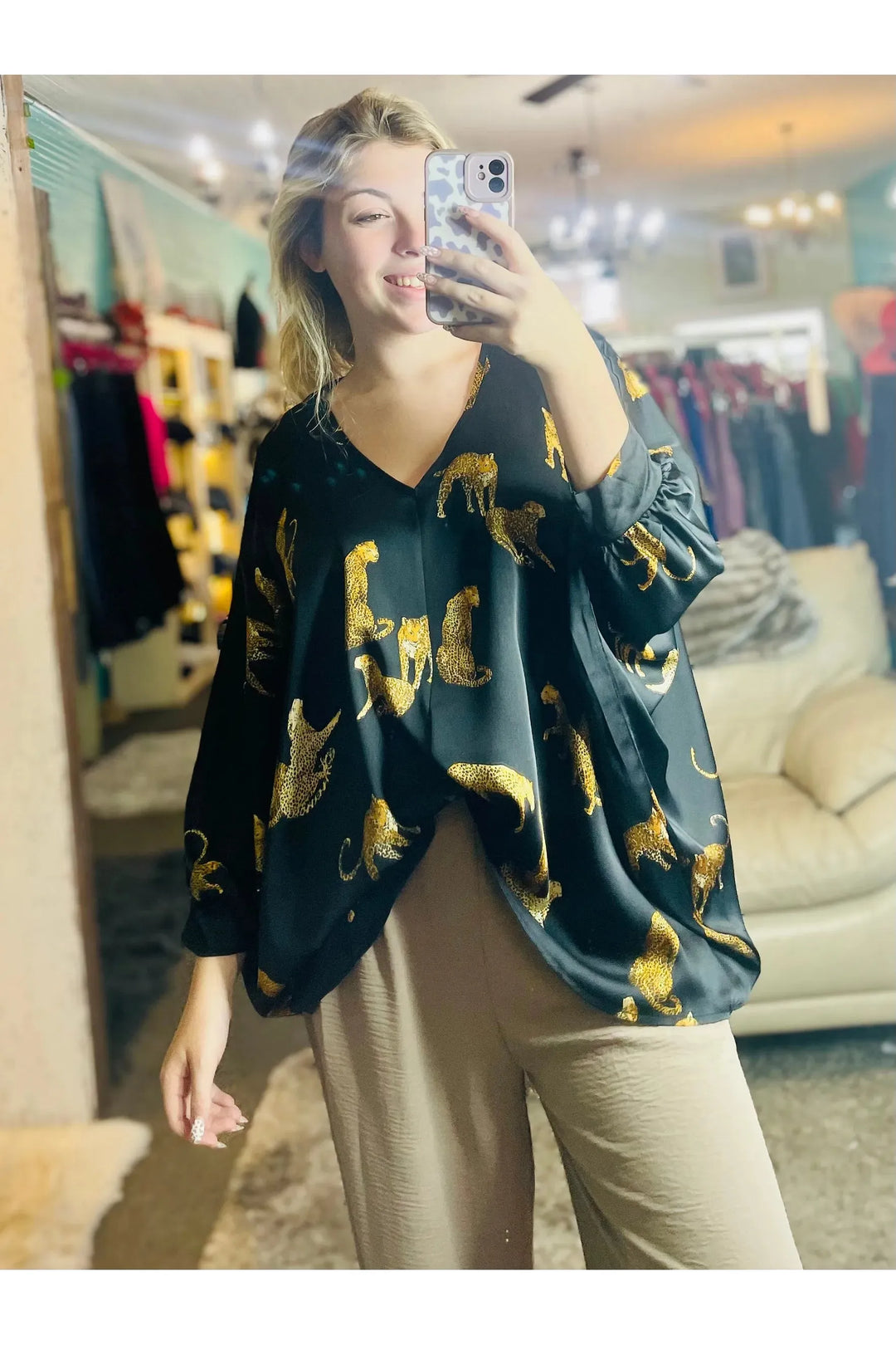 Satin Animal Print Dolman Sleeve Boxy Top - Vintage Dragonfly Boutique