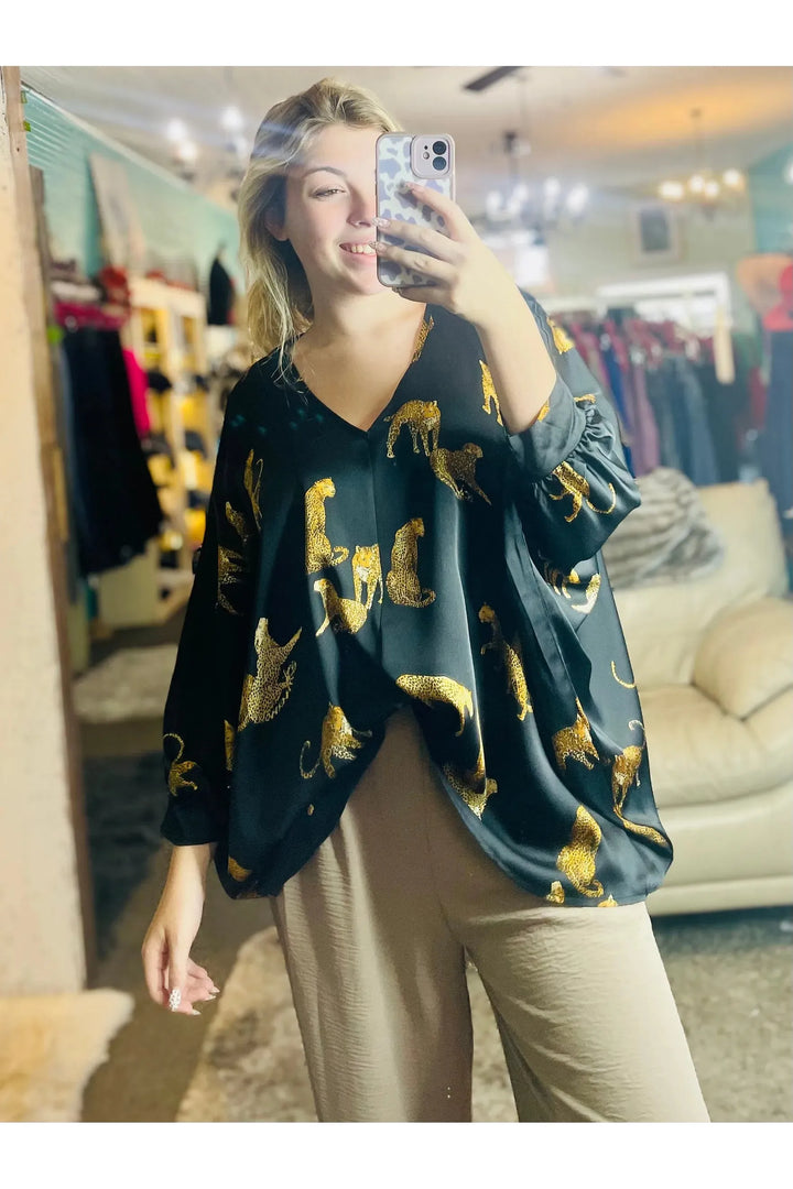 Satin Animal Print Dolman Sleeve Boxy Top - Vintage Dragonfly Boutique