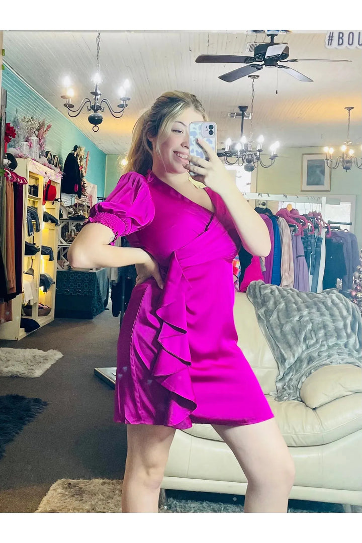 Magenta Satin Dress with Ruffle Detail - Vintage Dragonfly Boutique