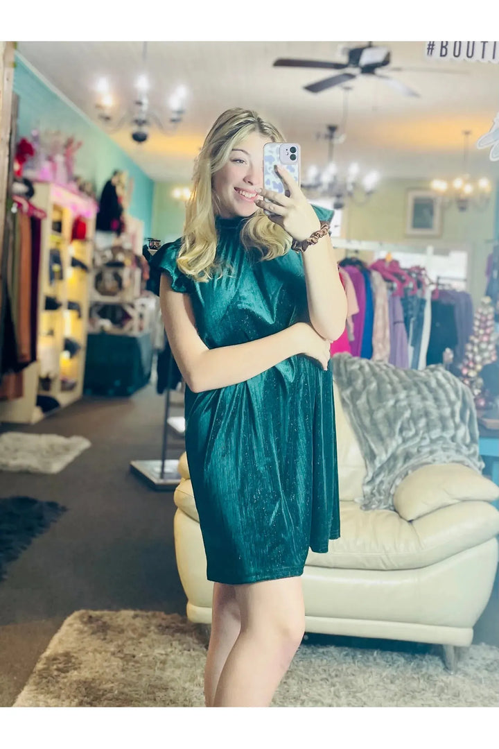 Emerald Green Ruffle Sleeve Velvet Dress - Vintage Dragonfly Boutique