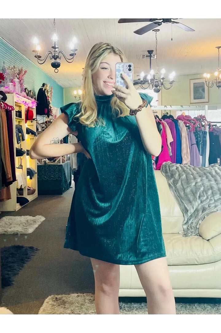 Emerald Green Ruffle Sleeve Velvet Dress - Vintage Dragonfly Boutique