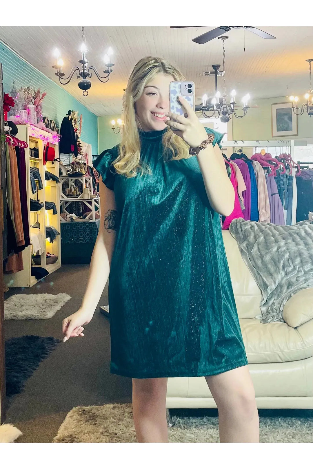 Emerald Green Ruffle Sleeve Velvet Dress - Vintage Dragonfly Boutique
