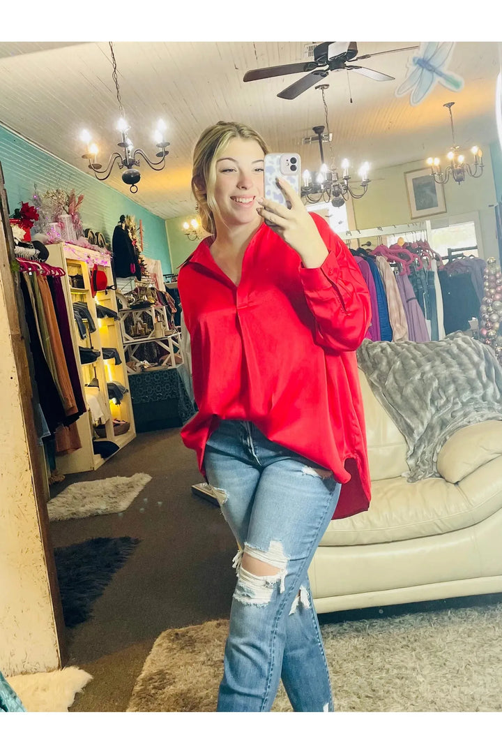 Red Satin Top - Vintage Dragonfly Boutique