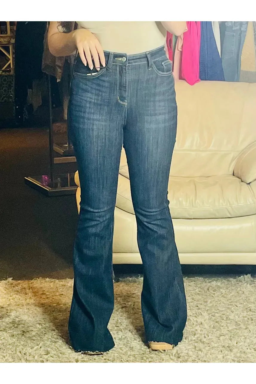 High-rise Long Raw Hem Flare Jeans - Vintage Dragonfly Boutique