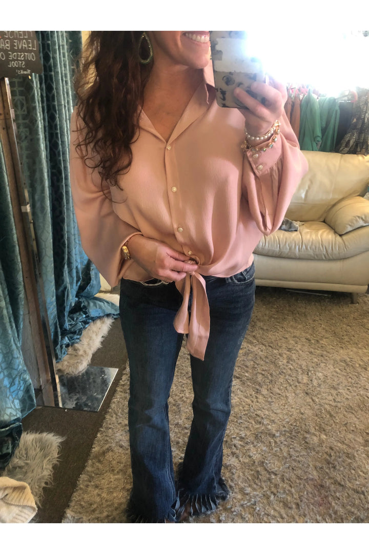 Pink Pearl Long Puff Sleeve Satin Top - Vintage Dragonfly Boutique