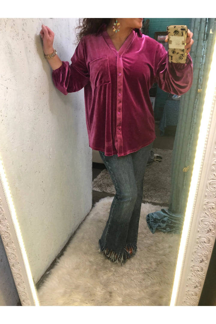 Magenta Velvet Button Front Top - Vintage Dragonfly Boutique