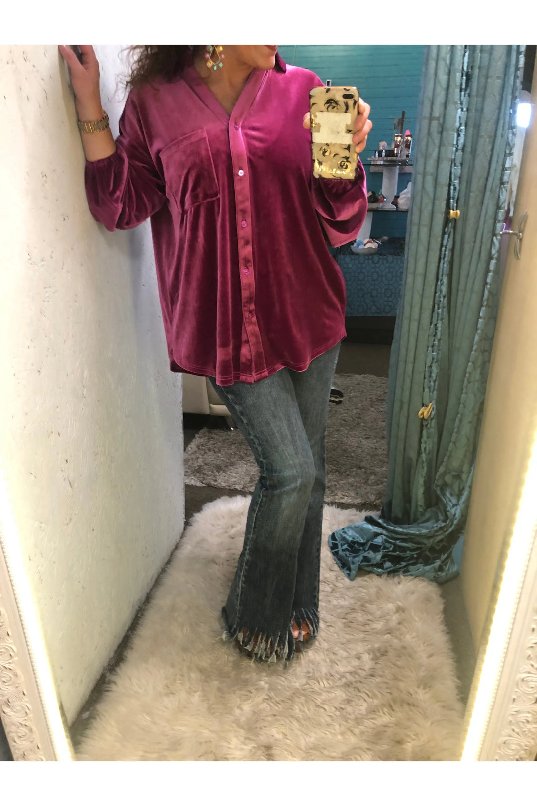 Magenta Velvet Button Front Top - Vintage Dragonfly Boutique