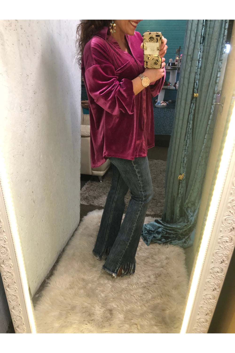 Magenta Velvet Button Front Top - Vintage Dragonfly Boutique
