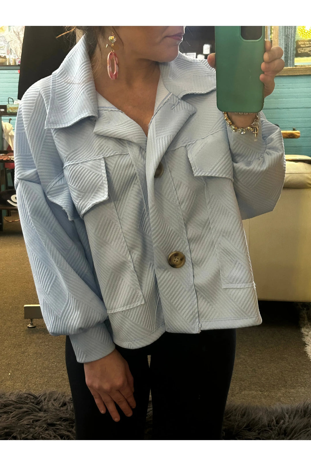 Baby Blue Textured Cropped Shacket - Vintage Dragonfly Boutique