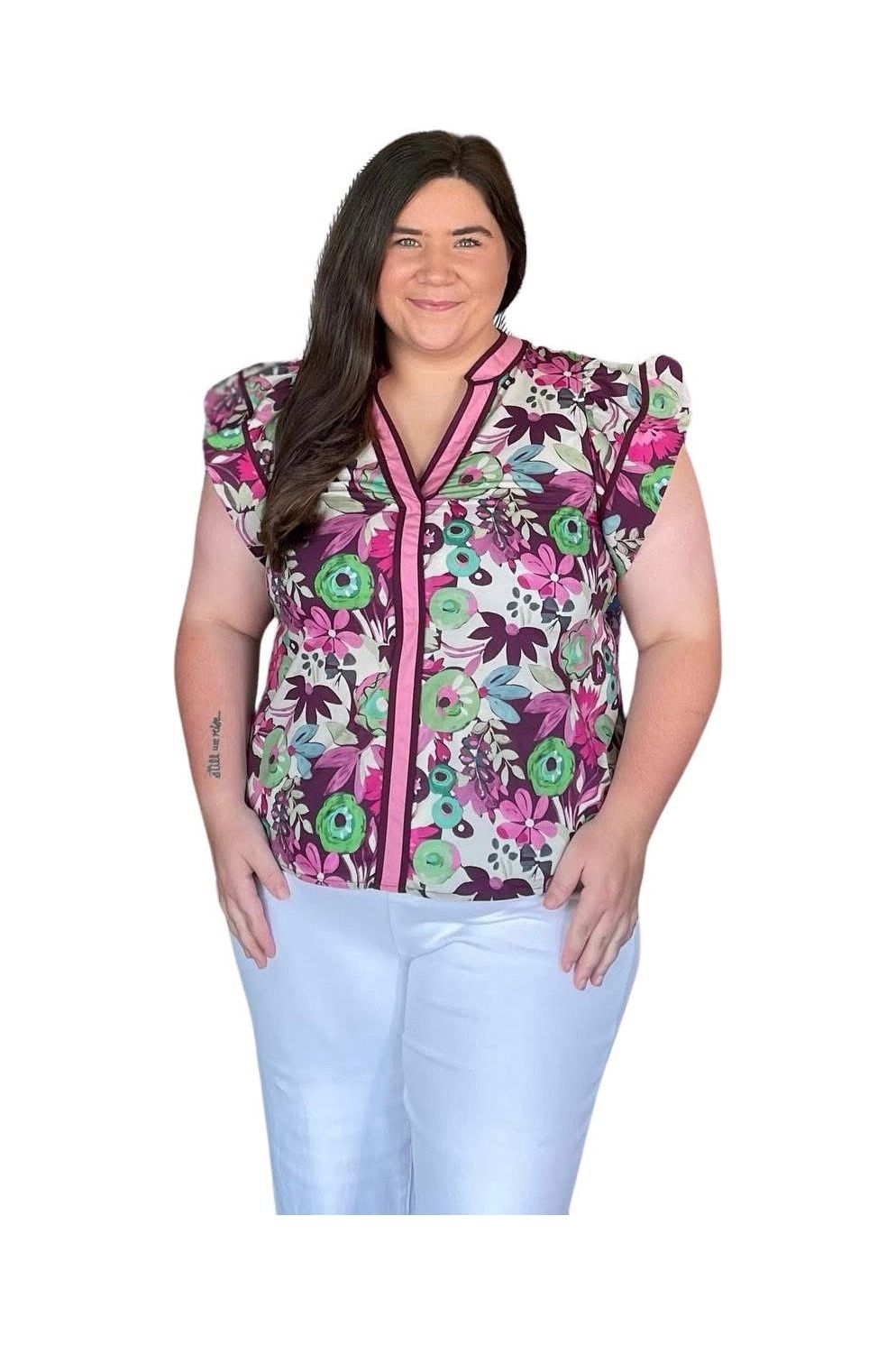 Entro Plum Mix Pattern Flutter Sleeve Top - Vintage Dragonfly Boutique