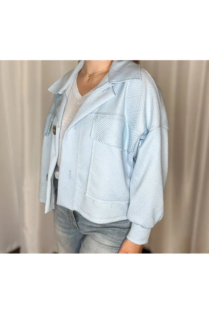 Baby Blue Textured Cropped Shacket - Vintage Dragonfly Boutique