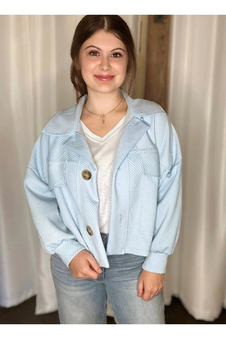 Baby Blue Textured Cropped Shacket - Vintage Dragonfly Boutique