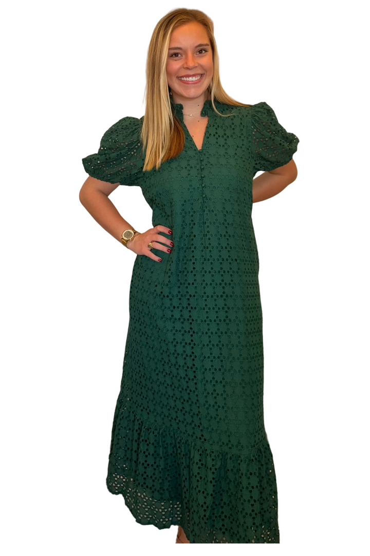 Entro Hunter Green Eyelet Puff Sleeve Midi Dress - Vintage Dragonfly Boutique