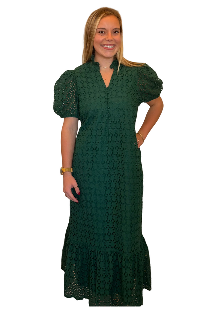 Entro Hunter Green Eyelet Puff Sleeve Midi Dress - Vintage Dragonfly Boutique