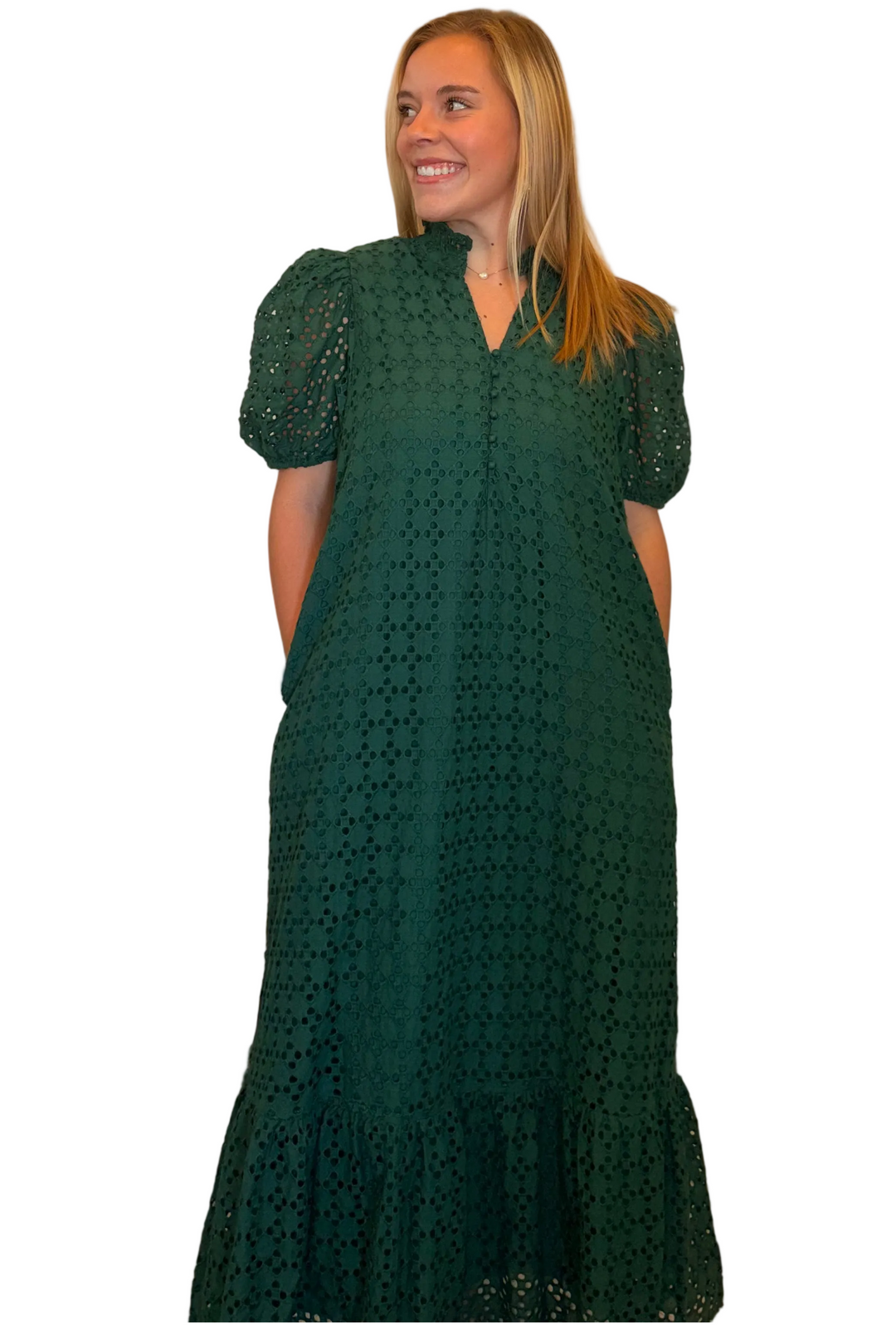 Entro Hunter Green Eyelet Puff Sleeve Midi Dress - Vintage Dragonfly Boutique