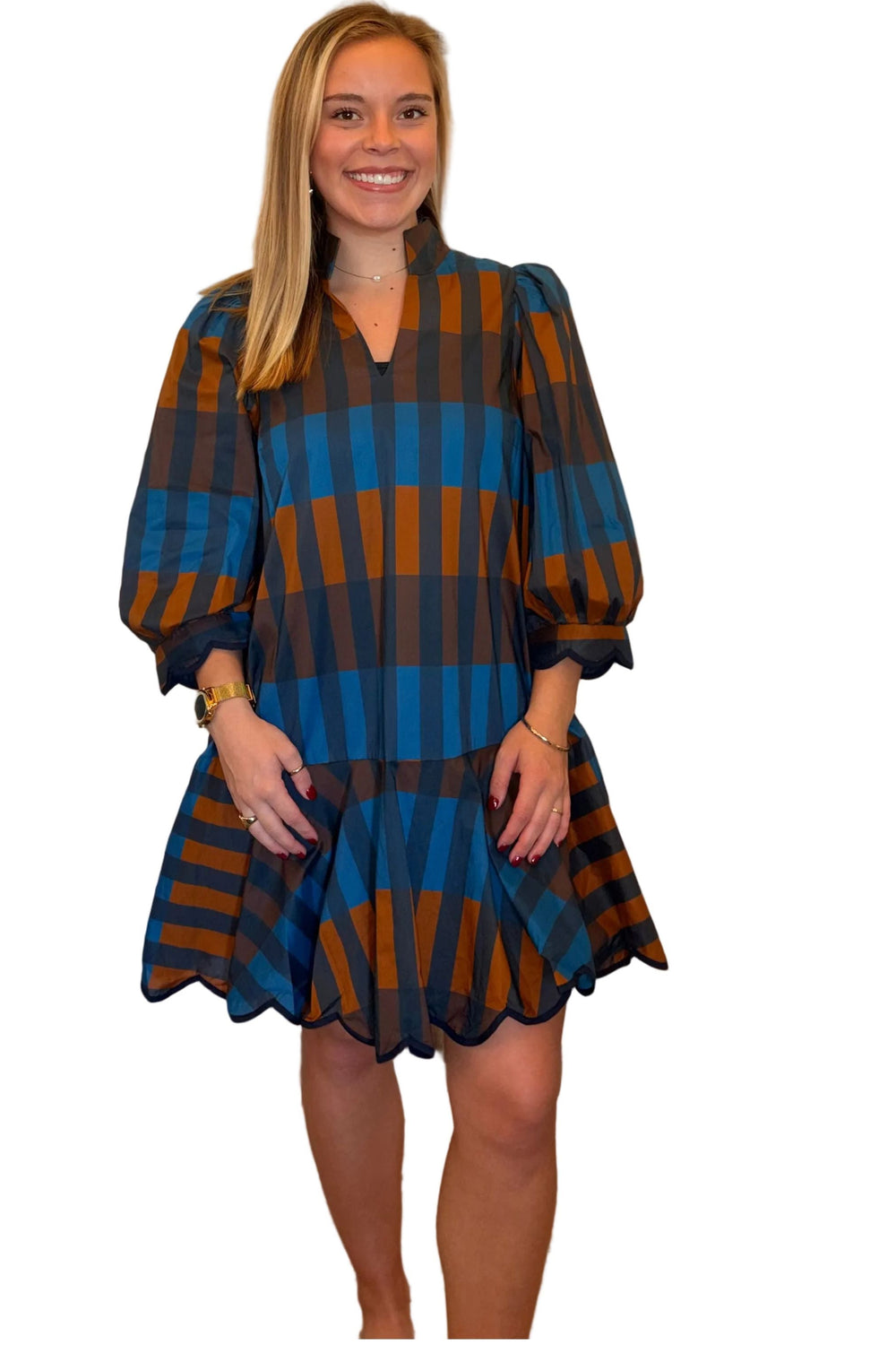 Entro Plaid Balloon Sleeve Mini Dress – Navy Combo - Vintage Dragonfly Boutique