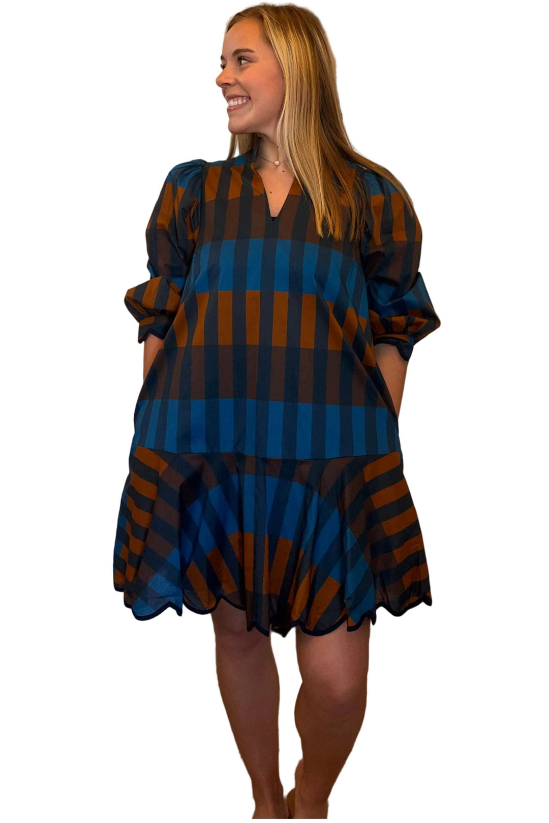 Entro Plaid Balloon Sleeve Mini Dress – Navy Combo - Vintage Dragonfly Boutique