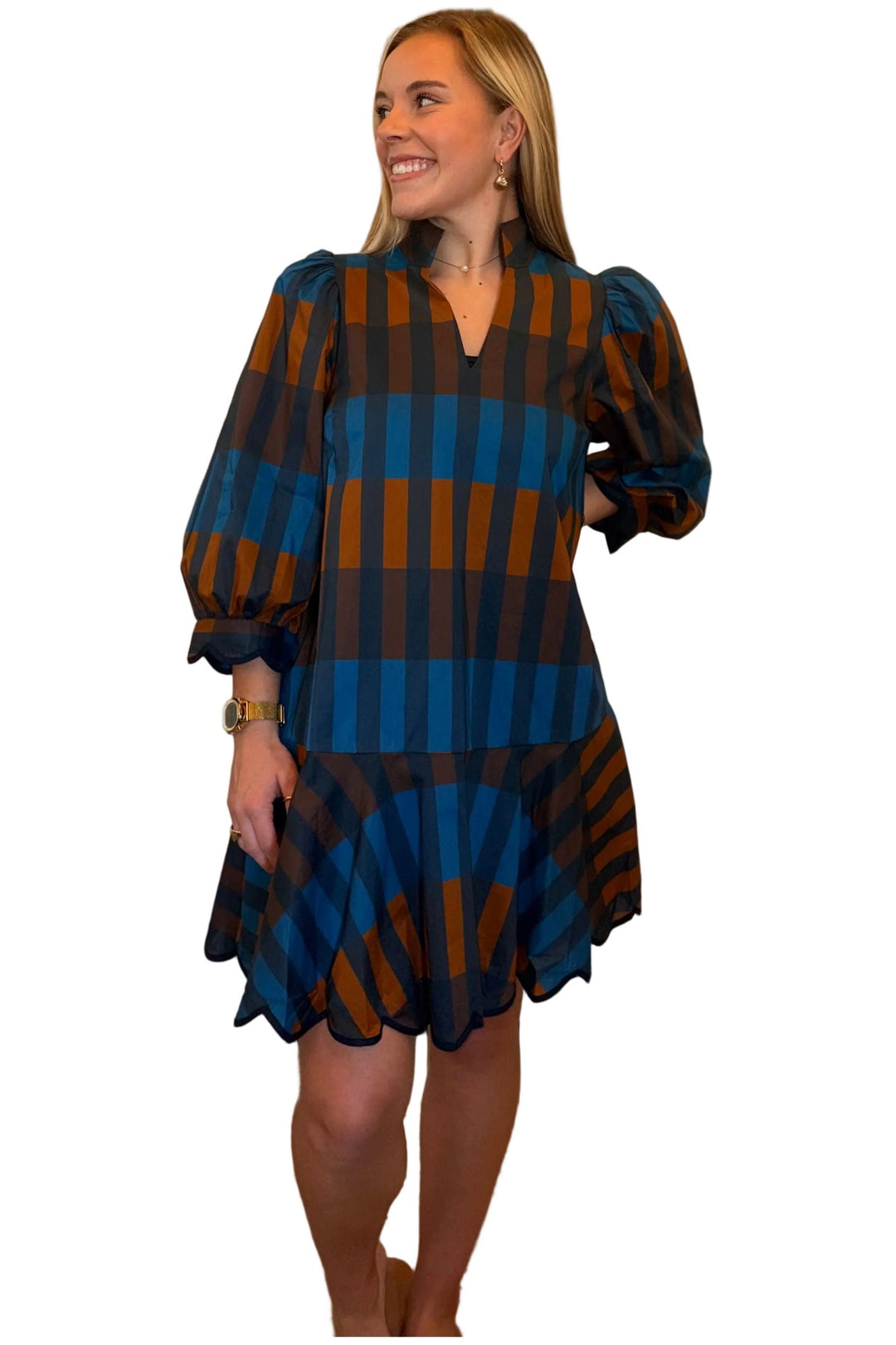 Entro Plaid Balloon Sleeve Mini Dress – Navy Combo - Vintage Dragonfly Boutique