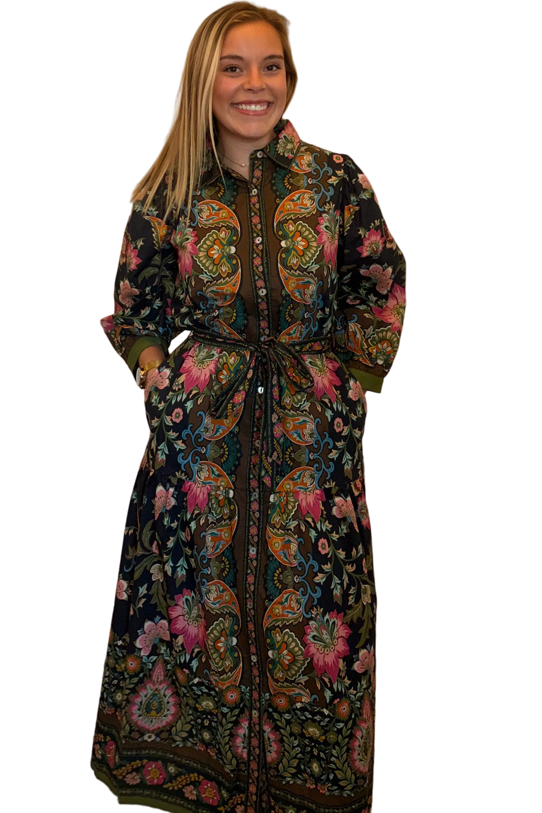 Entro Black Floral Border Print Midi Dress with Tie Waist - Vintage Dragonfly Boutique