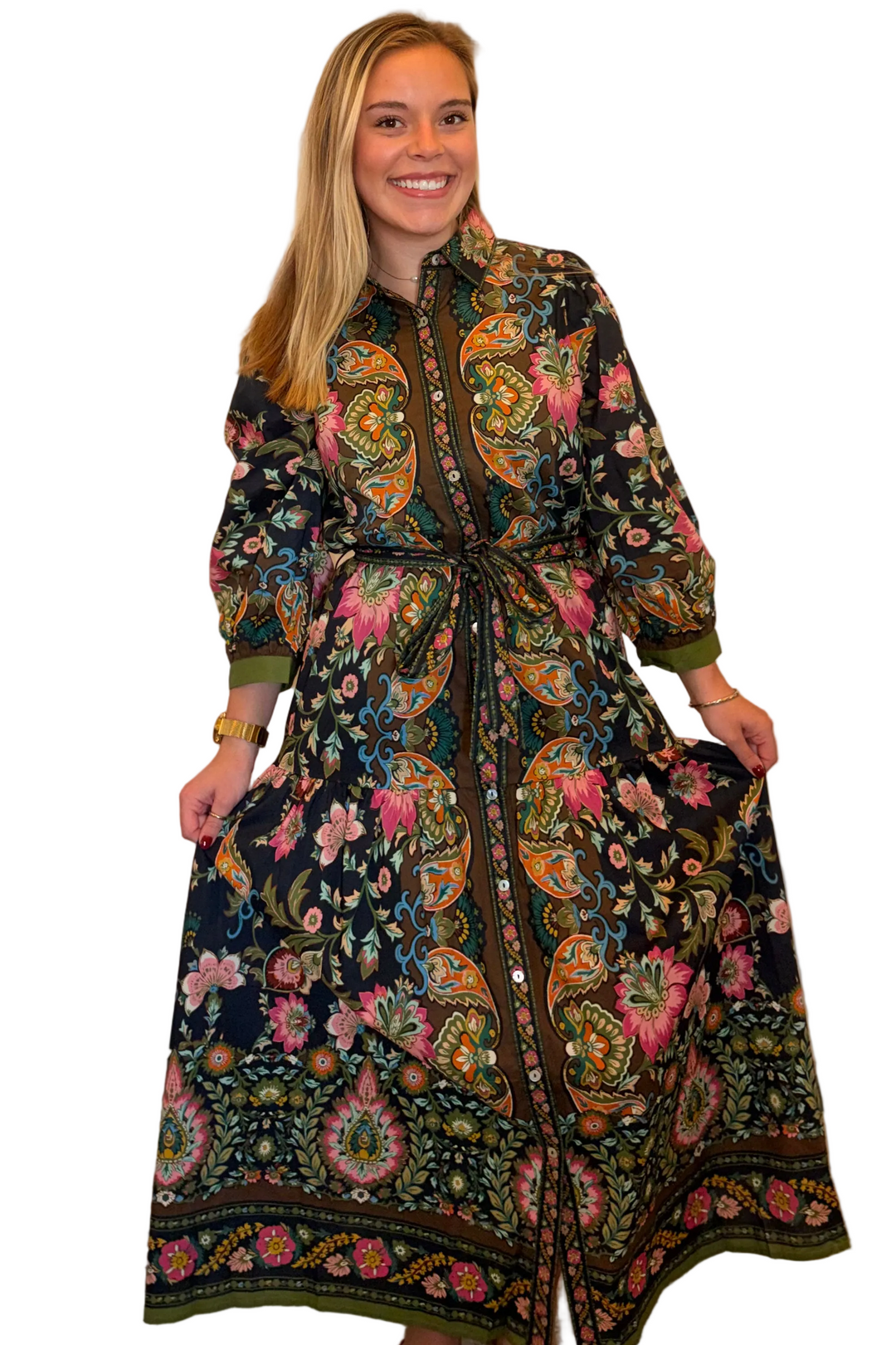 Entro Black Floral Border Print Midi Dress with Tie Waist - Vintage Dragonfly Boutique
