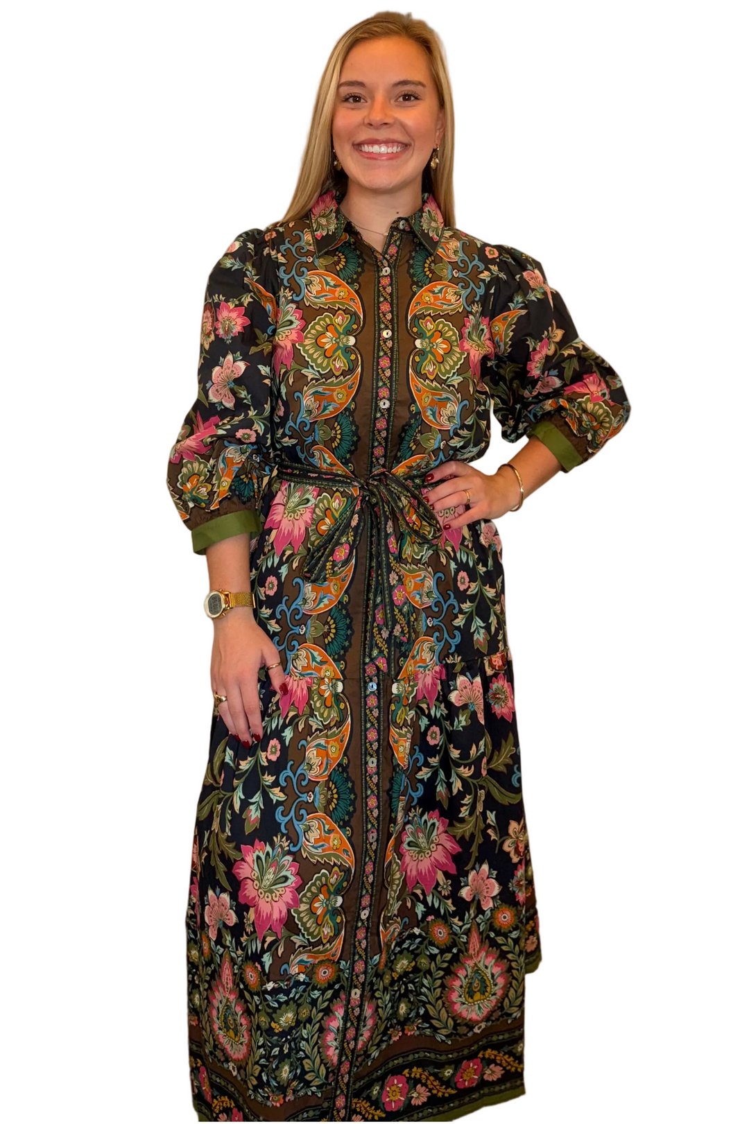 Entro Black Floral Border Print Midi Dress with Tie Waist - Vintage Dragonfly Boutique