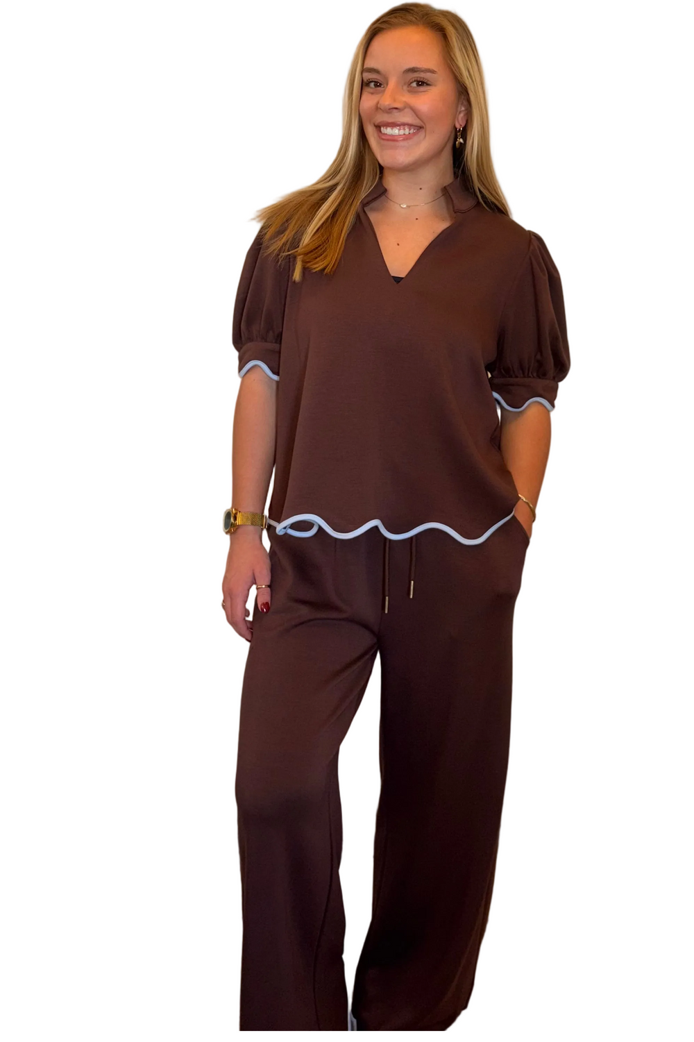 Entro Scalloped Trim Puff Sleeve Top – Brown - Vintage Dragonfly Boutique