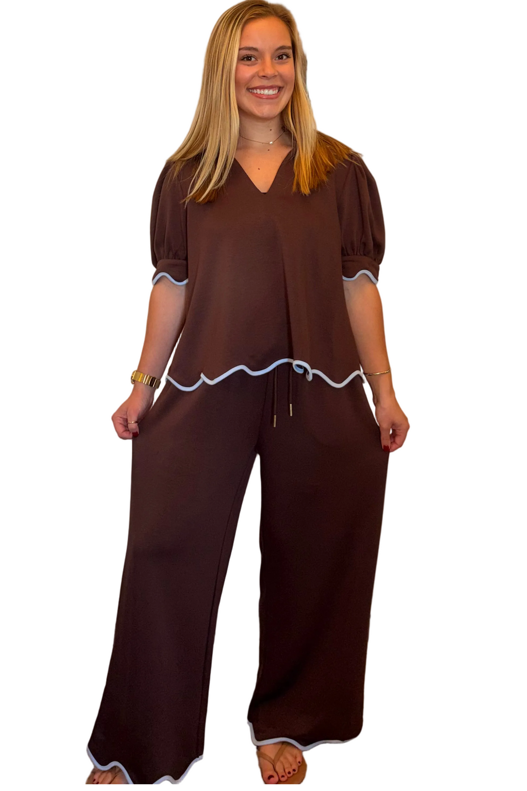 Entro Scalloped Hem Wide Leg Pants – Brown - Vintage Dragonfly Boutique