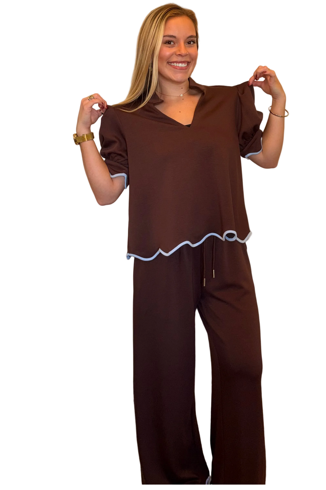 Entro Scalloped Trim Puff Sleeve Top – Brown - Vintage Dragonfly Boutique