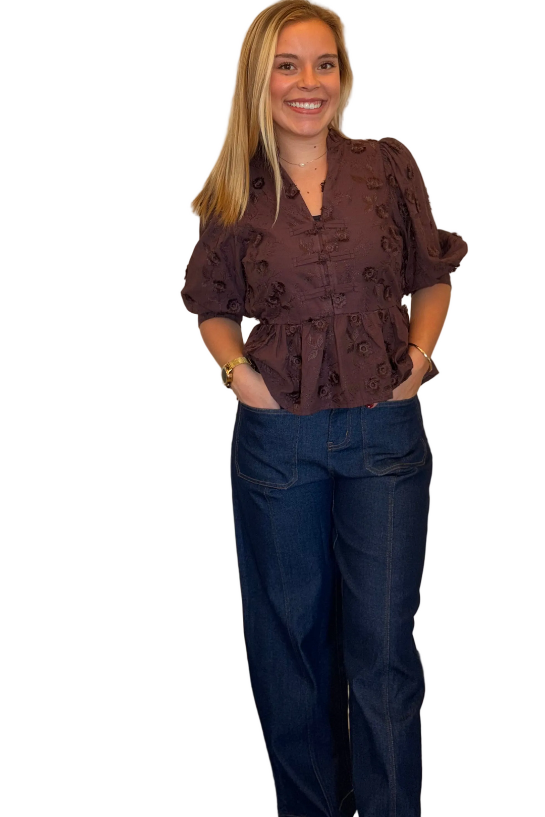 Entro Floral Embroidered Peplum Top with Puff Sleeves - Vintage Dragonfly Boutique