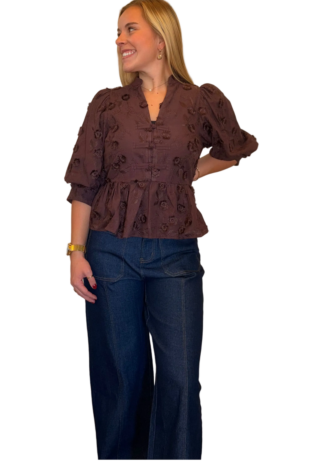 Entro Floral Embroidered Peplum Top with Puff Sleeves - Vintage Dragonfly Boutique