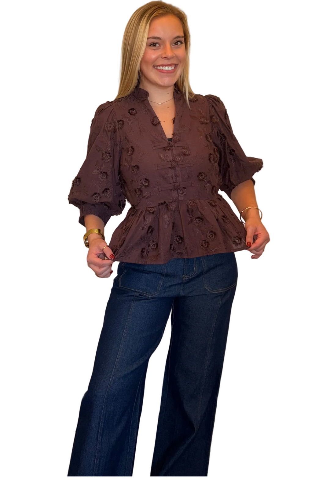 Entro Floral Embroidered Peplum Top with Puff Sleeves - Vintage Dragonfly Boutique