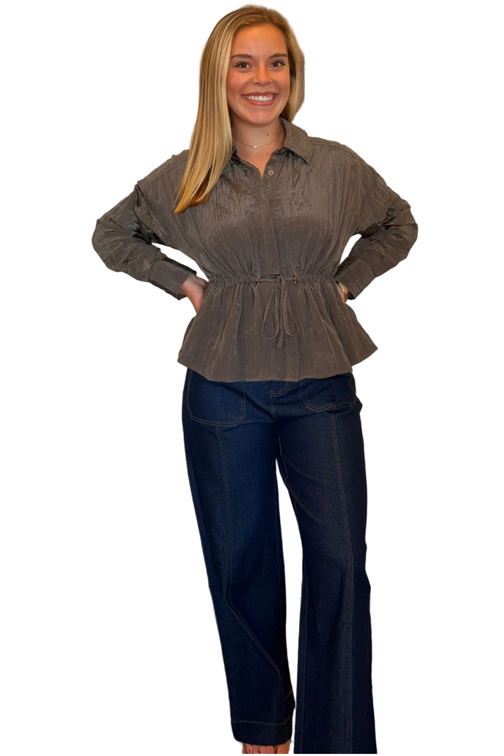 Entro Textured Drawstring Waist Blouse – Wood - Vintage Dragonfly Boutique
