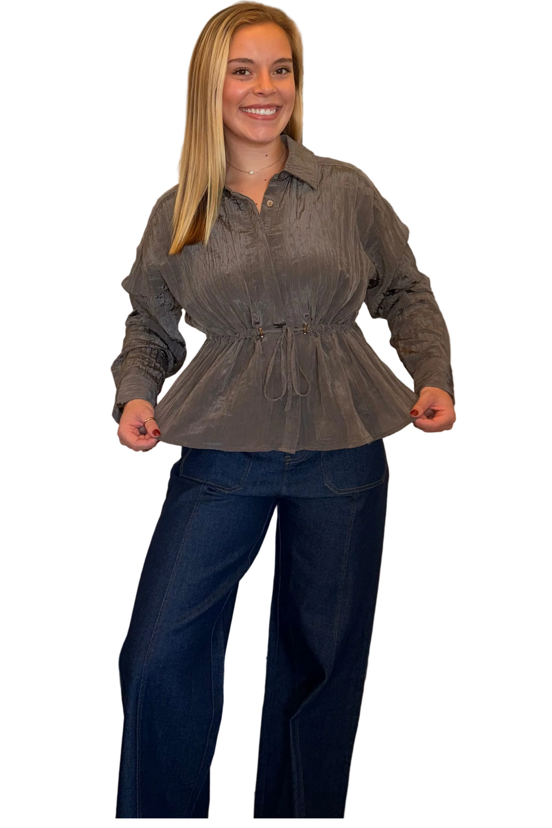 Entro Textured Drawstring Waist Blouse – Wood - Vintage Dragonfly Boutique