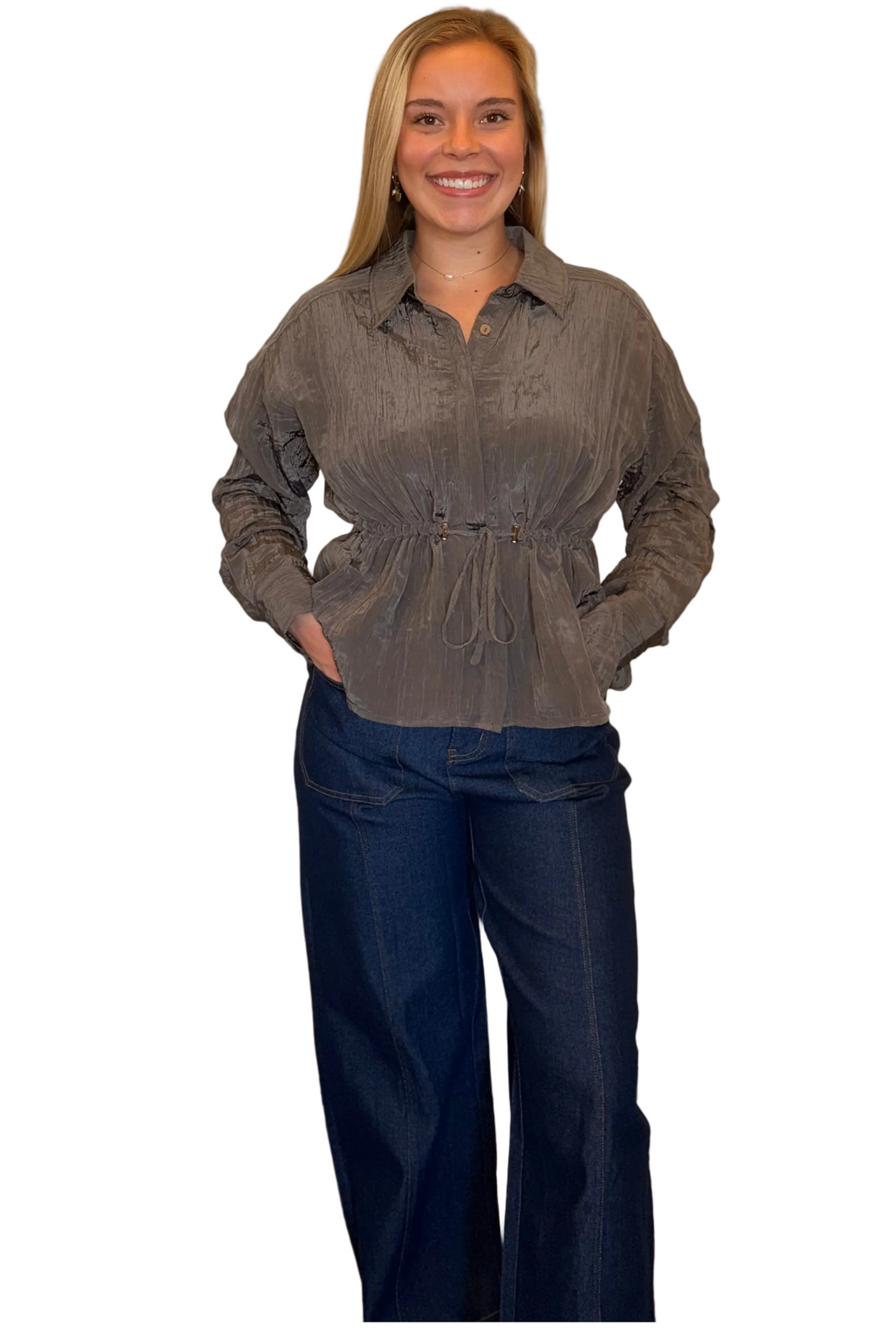 Entro Textured Drawstring Waist Blouse – Wood - Vintage Dragonfly Boutique