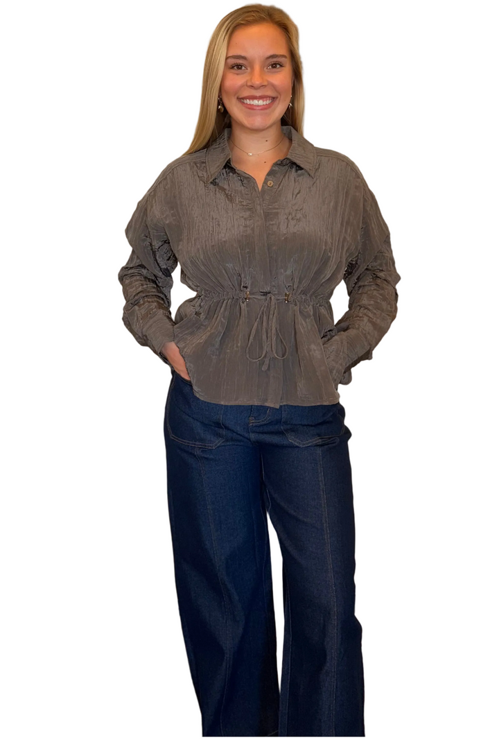 Entro Textured Drawstring Waist Blouse – Wood - Vintage Dragonfly Boutique