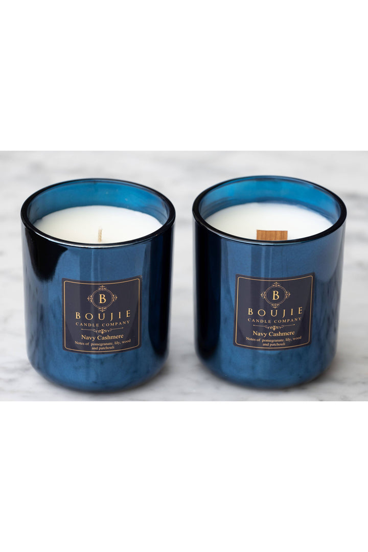 Boujie Candle Company - Boujie Navy Cashmere Jar Filled Candle: Wood Wick / 14 oz Glass Vessel