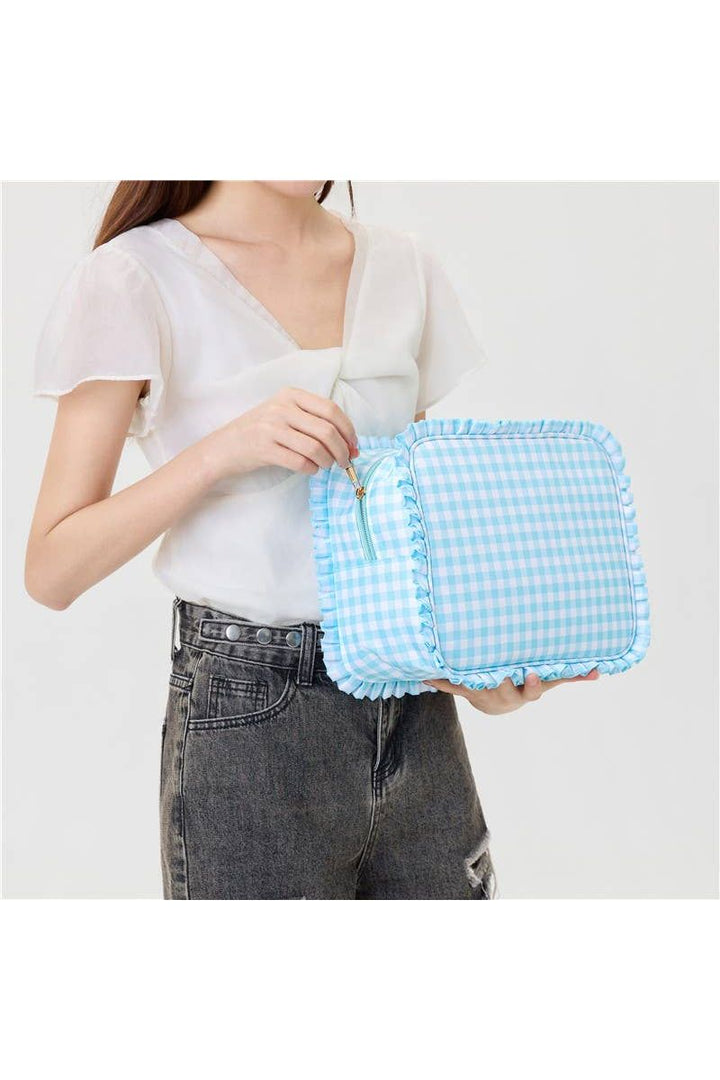 JOSSLYN by wall to wall - RUFFLE CHECKER STRIPE COSMETIC TRAVEL POUCH BAG | Blue
