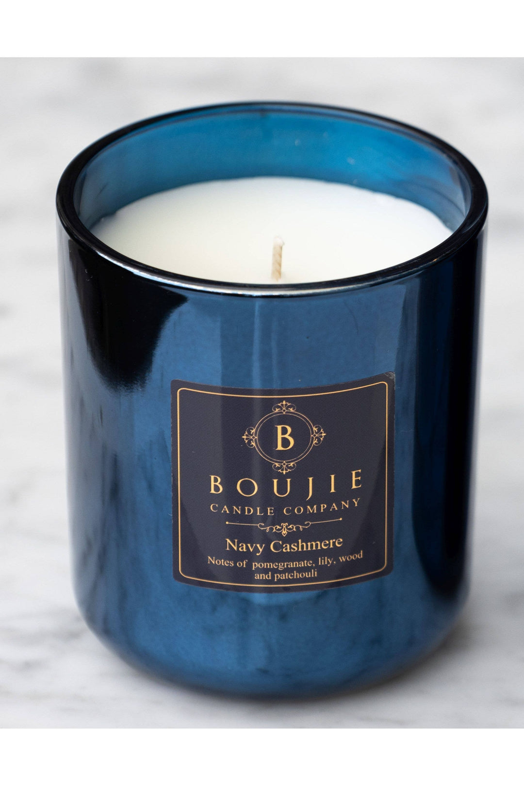 Boujie Candle Company - Boujie Navy Cashmere Jar Filled Candle: Wood Wick / 14 oz Glass Vessel