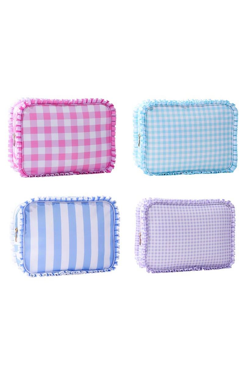 JOSSLYN by wall to wall - RUFFLE CHECKER STRIPE COSMETIC TRAVEL POUCH BAG | Blue