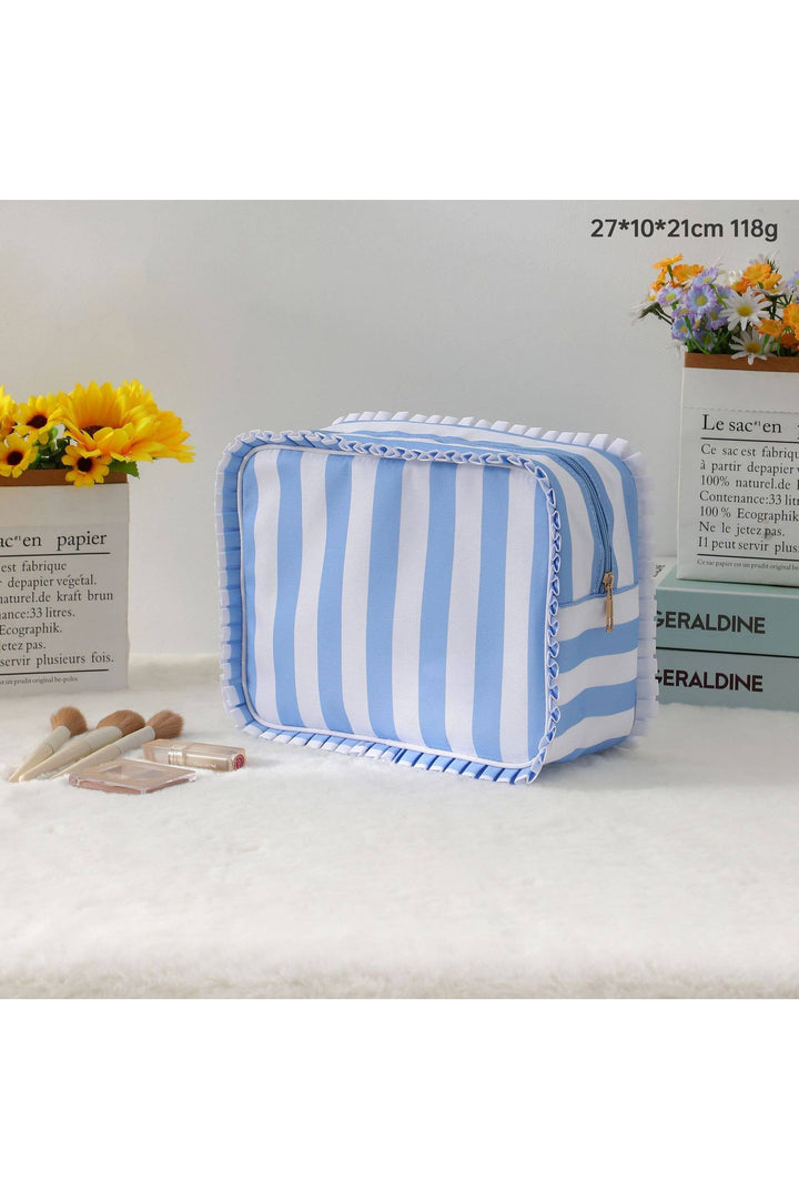 JOSSLYN by wall to wall - RUFFLE CHECKER STRIPE COSMETIC TRAVEL POUCH BAG | Blue