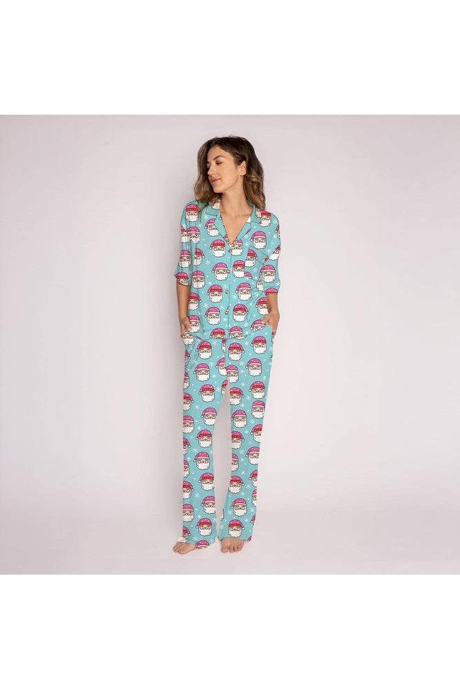 Katydid - Pink Santa Hats Blue Cozy Loungewear Set: Light Blue - Vintage Dragonfly Boutique