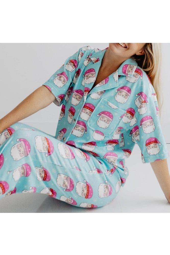 Katydid - Pink Santa Hats Blue Cozy Loungewear Set: Light Blue - Vintage Dragonfly Boutique