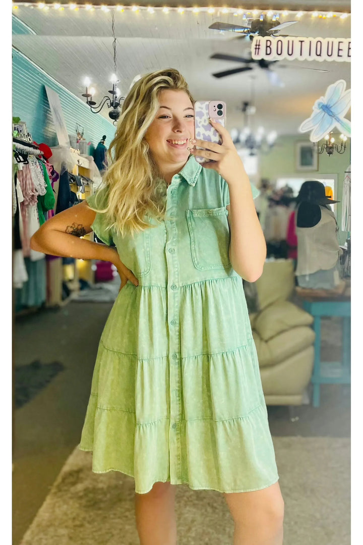 Kelly Green Button Front Tiered Dress - Vintage Dragonfly