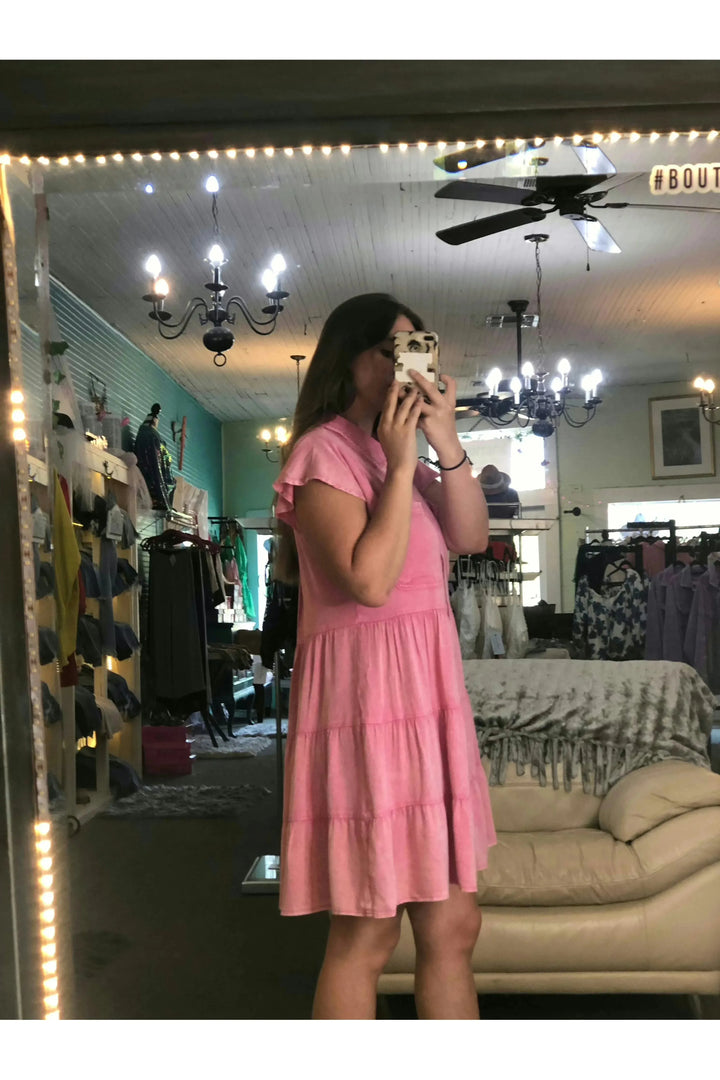 Pink Button Front Tiered Dress - Vintage Dragonfly
